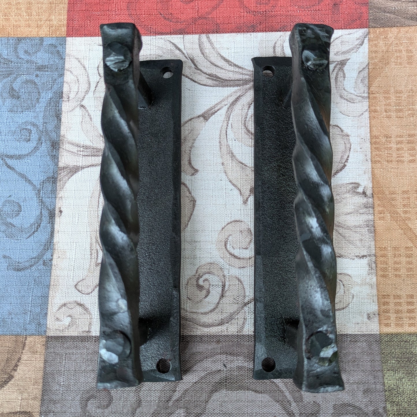 Set of 2 Hand Forged Twisted Handles on Backplate, 6.25" Size