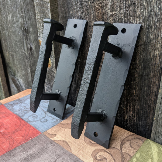 Hand Forged Railroad Spike Door Pulls on Sturdy Backplate