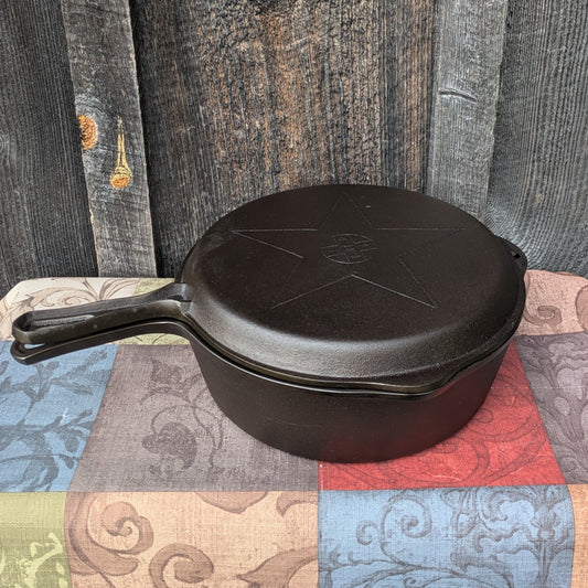 Vintage Lodge 4 in 1 Cast Iron Combo Cooker - Deep Skillet with Hinged Lid/Skillet