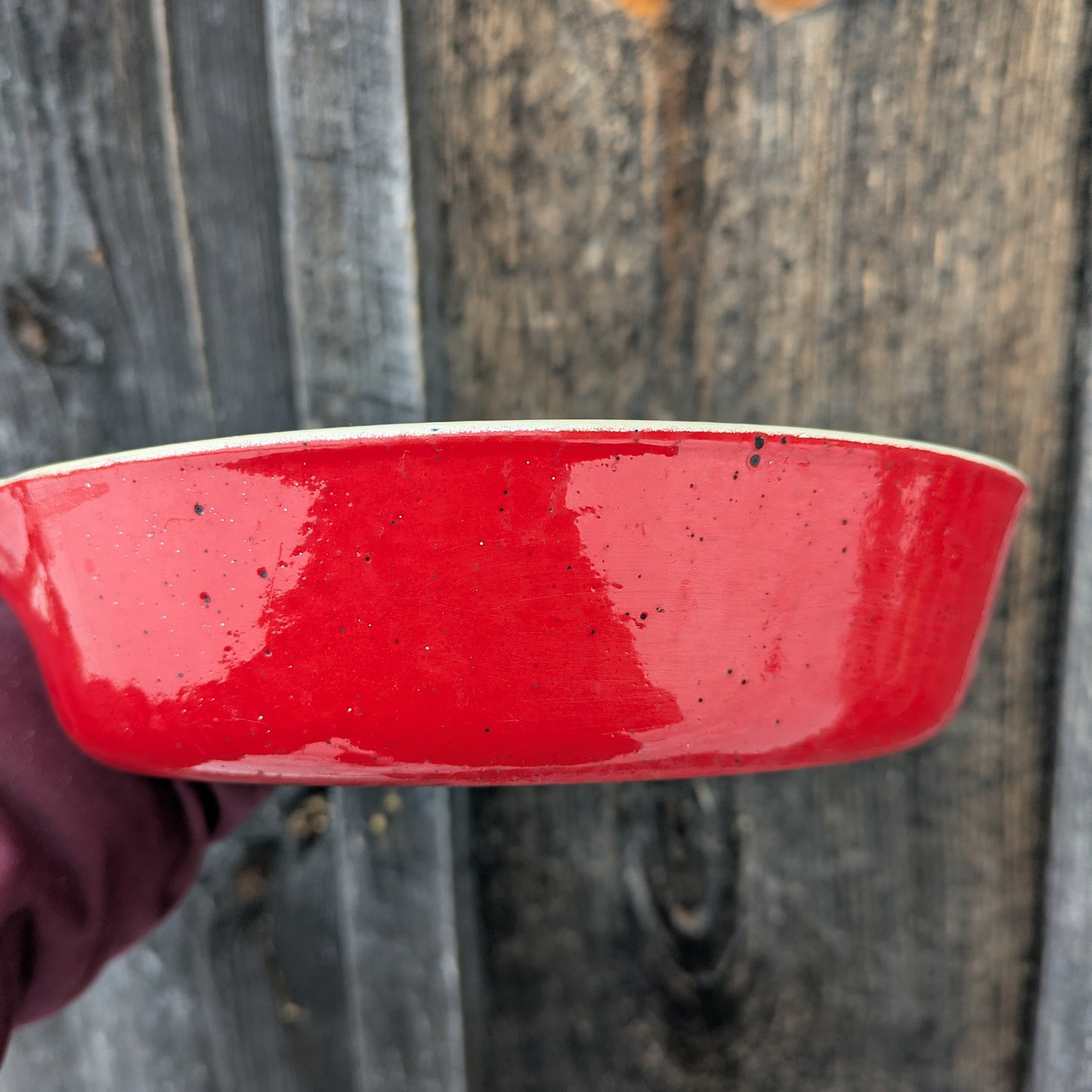 Griswold Flamingo Red and Cream Enamel #5 Cast Iron Skillet with Small Block Logo 724