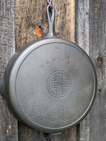 Large Griswold #12 Cast Iron Skillet with Large Block Logo and Heat Ring, Erie PA 719