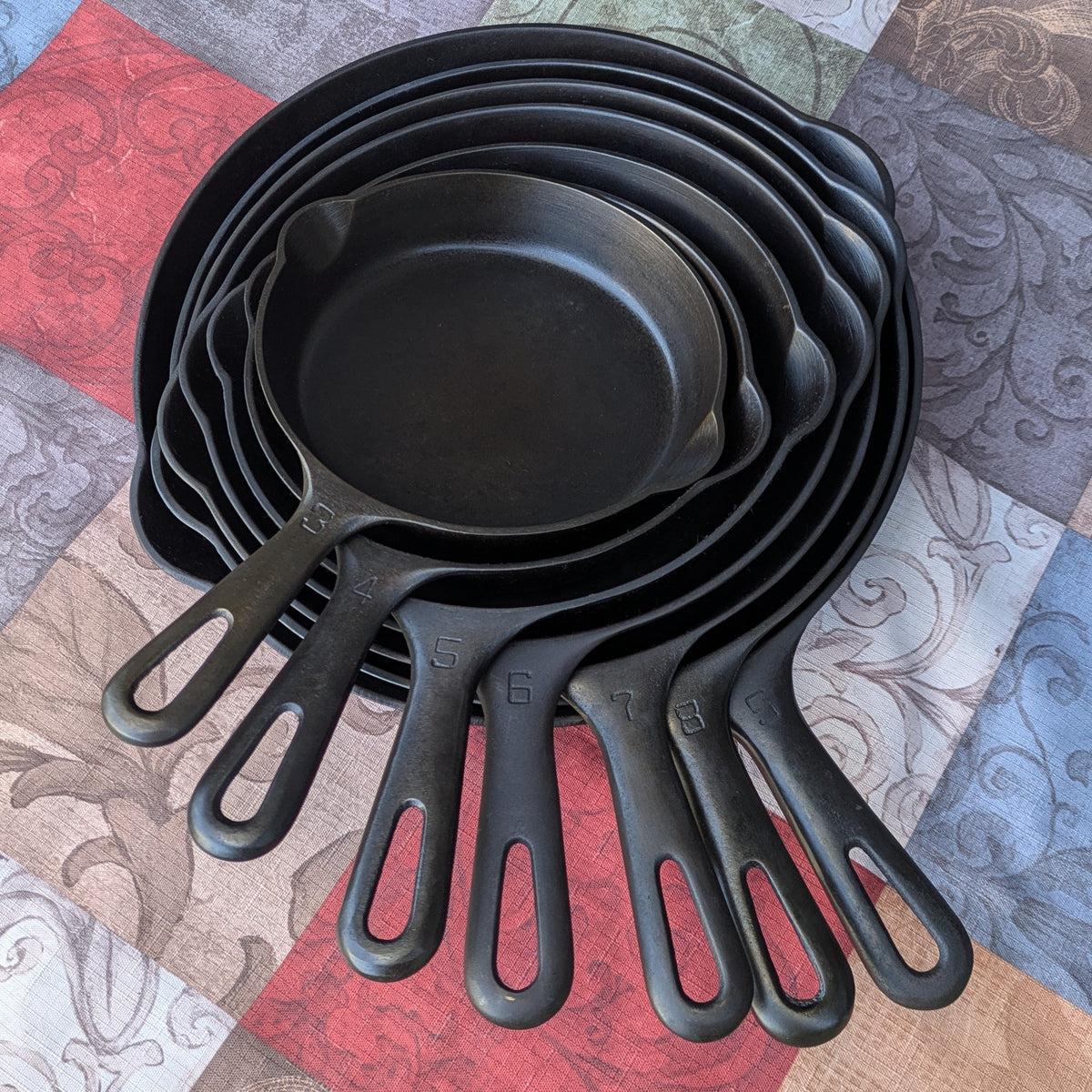 Complete Set Griswold Small Block Groove Handle Cast Iron Skillets- Sizes #3-#9