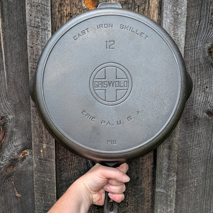 Large Griswold #12 Cast Iron Skillet with Large Block Logo and Heat Ring, Erie PA 719
