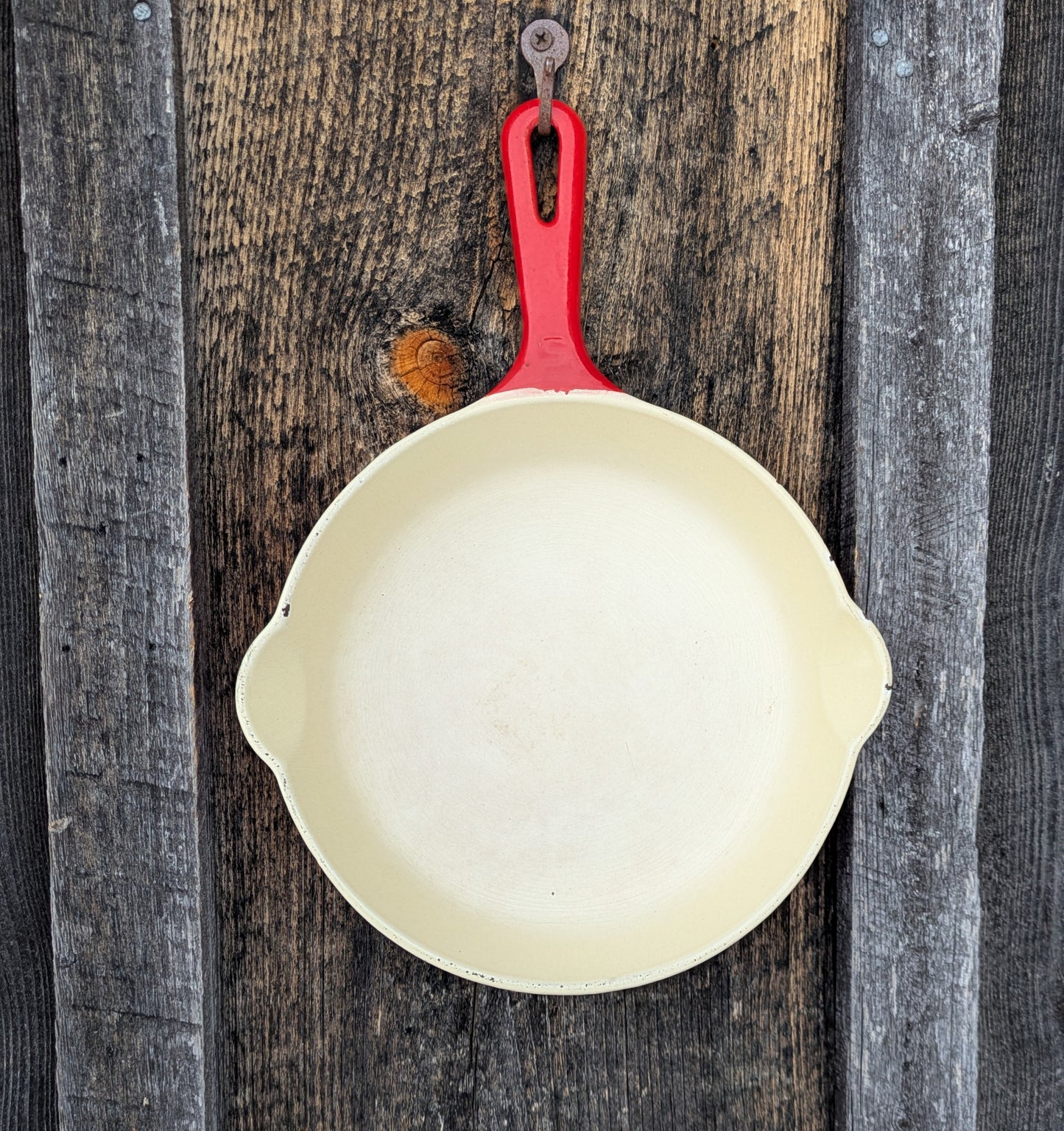 Griswold Flamingo Red and Cream Enamel #5 Cast Iron Skillet with Small Block Logo 724