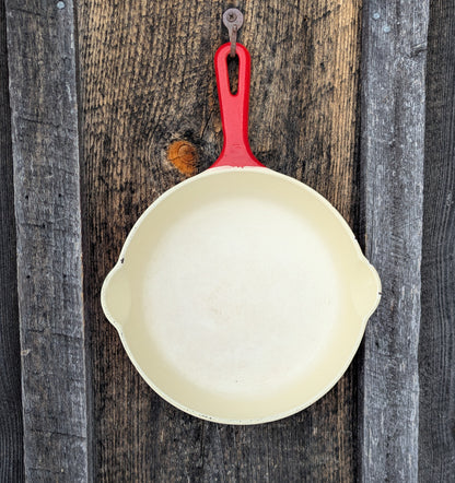 Griswold Flamingo Red and Cream Enamel #5 Cast Iron Skillet with Small Block Logo 724