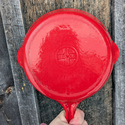 Griswold Flamingo Red and Cream Enamel #5 Cast Iron Skillet with Small Block Logo 724