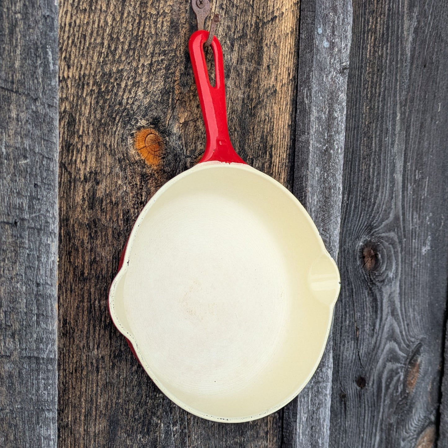 Griswold Flamingo Red and Cream Enamel #5 Cast Iron Skillet with Small Block Logo 724