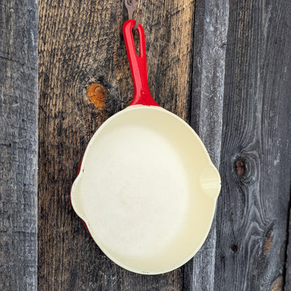 Griswold Flamingo Red and Cream Enamel #5 Cast Iron Skillet with Small Block Logo 724