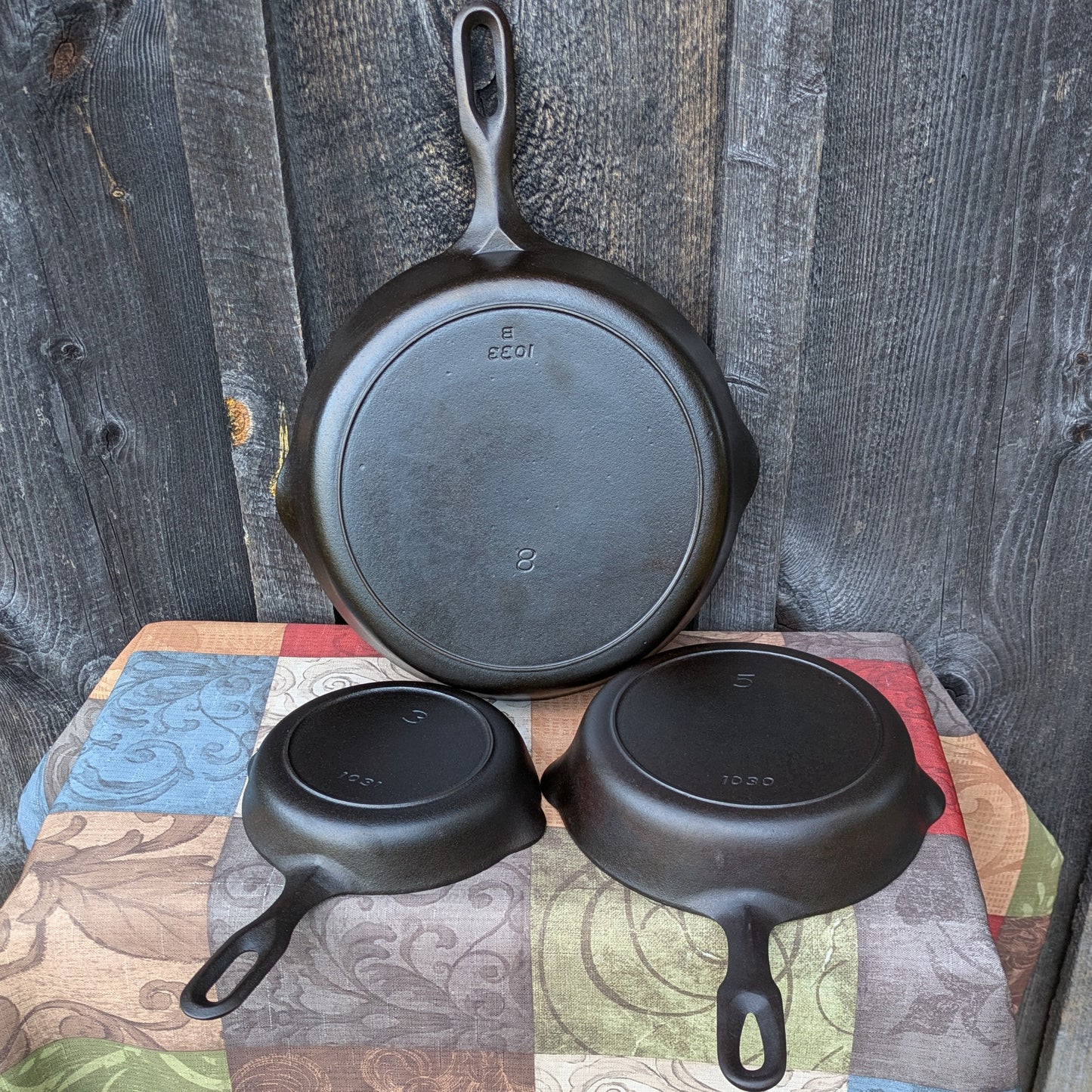 Set of Iron Mountain by Griswold Cast Iron Skillets- #3, #5, & #8