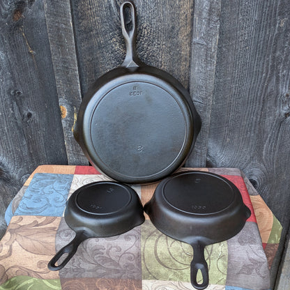Set of Iron Mountain by Griswold Cast Iron Skillets- #3, #5, & #8