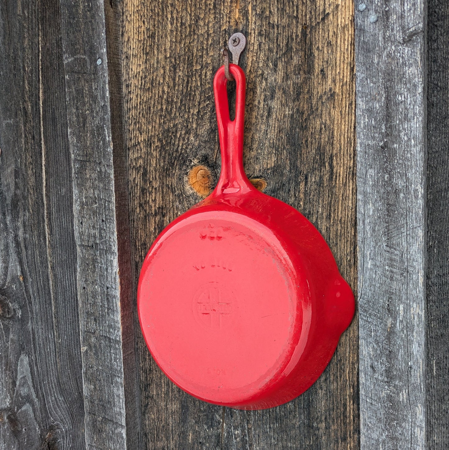 Griswold Flamingo Red and Cream Enamel #5 Cast Iron Skillet with Small Block Logo 724