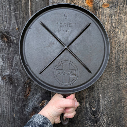 Griswold #9 Cast Iron Skillet Griddle Slant Erie Logo 739