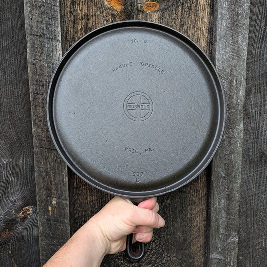 Griswold #9 Handle Griddle Cast Iron Skillet 609 G Small Block Logo