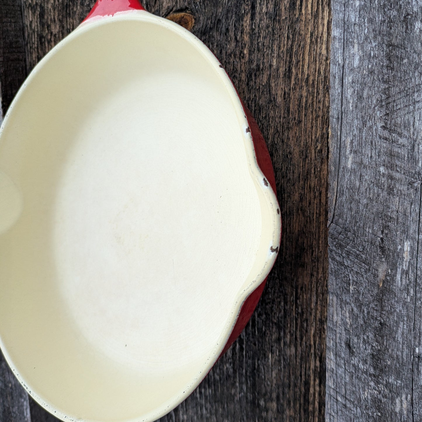 Griswold Flamingo Red and Cream Enamel #5 Cast Iron Skillet with Small Block Logo 724
