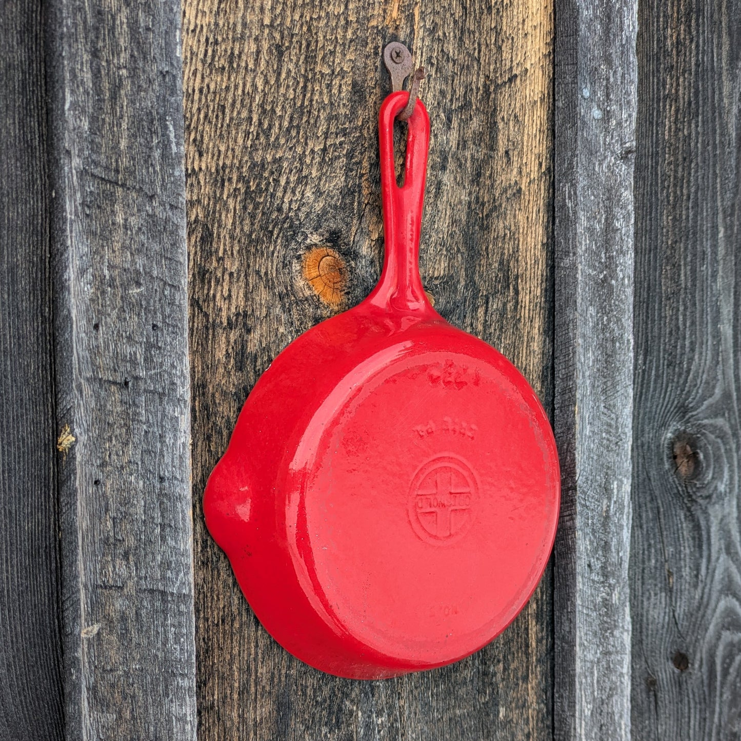 Griswold Flamingo Red and Cream Enamel #5 Cast Iron Skillet with Small Block Logo 724