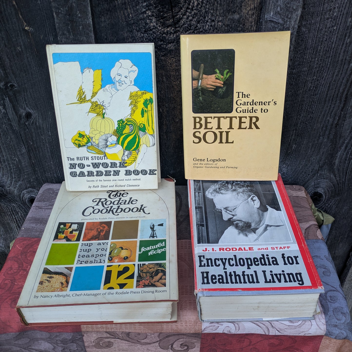 4 Vintage Books by Rodale Press- No-Work Garden, Rodale Cookbook, Better Soil and Encyclopedia for Healthful Living