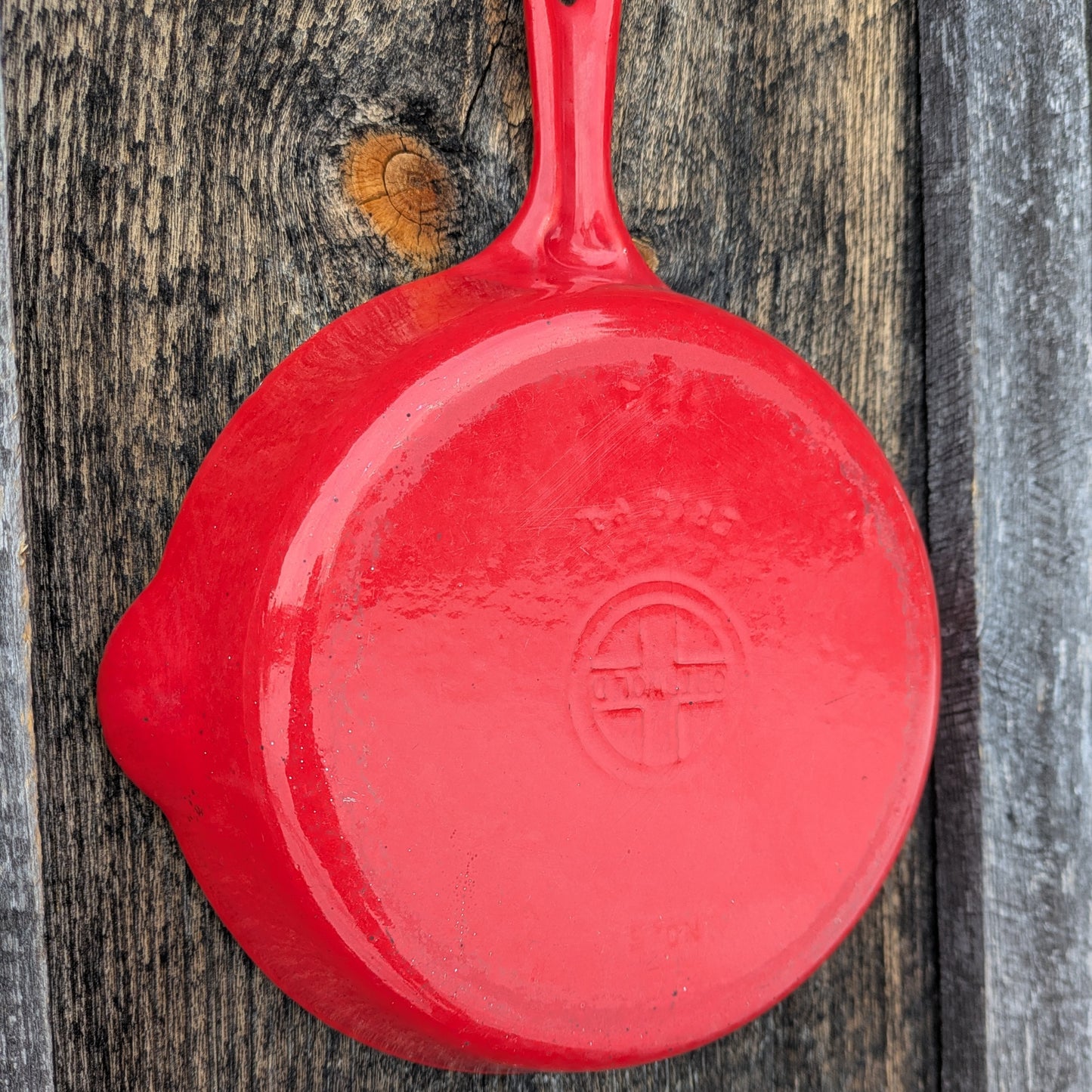 Griswold Flamingo Red and Cream Enamel #5 Cast Iron Skillet with Small Block Logo 724