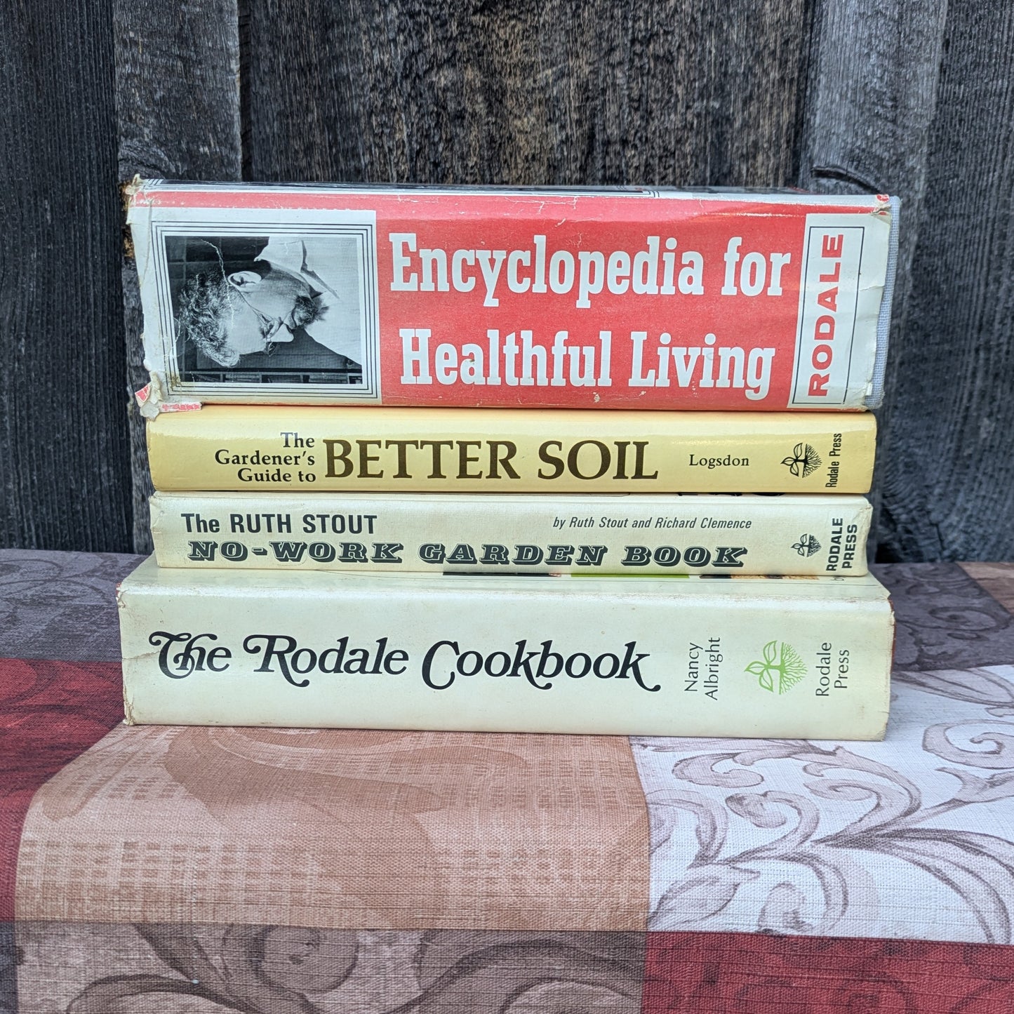 4 Vintage Books by Rodale Press- No-Work Garden, Rodale Cookbook, Better Soil and Encyclopedia for Healthful Living