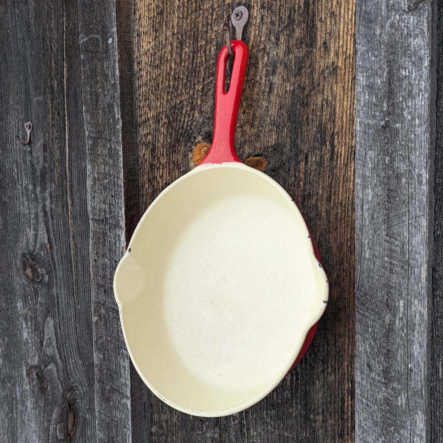Griswold Flamingo Red and Cream Enamel #5 Cast Iron Skillet with Small Block Logo 724