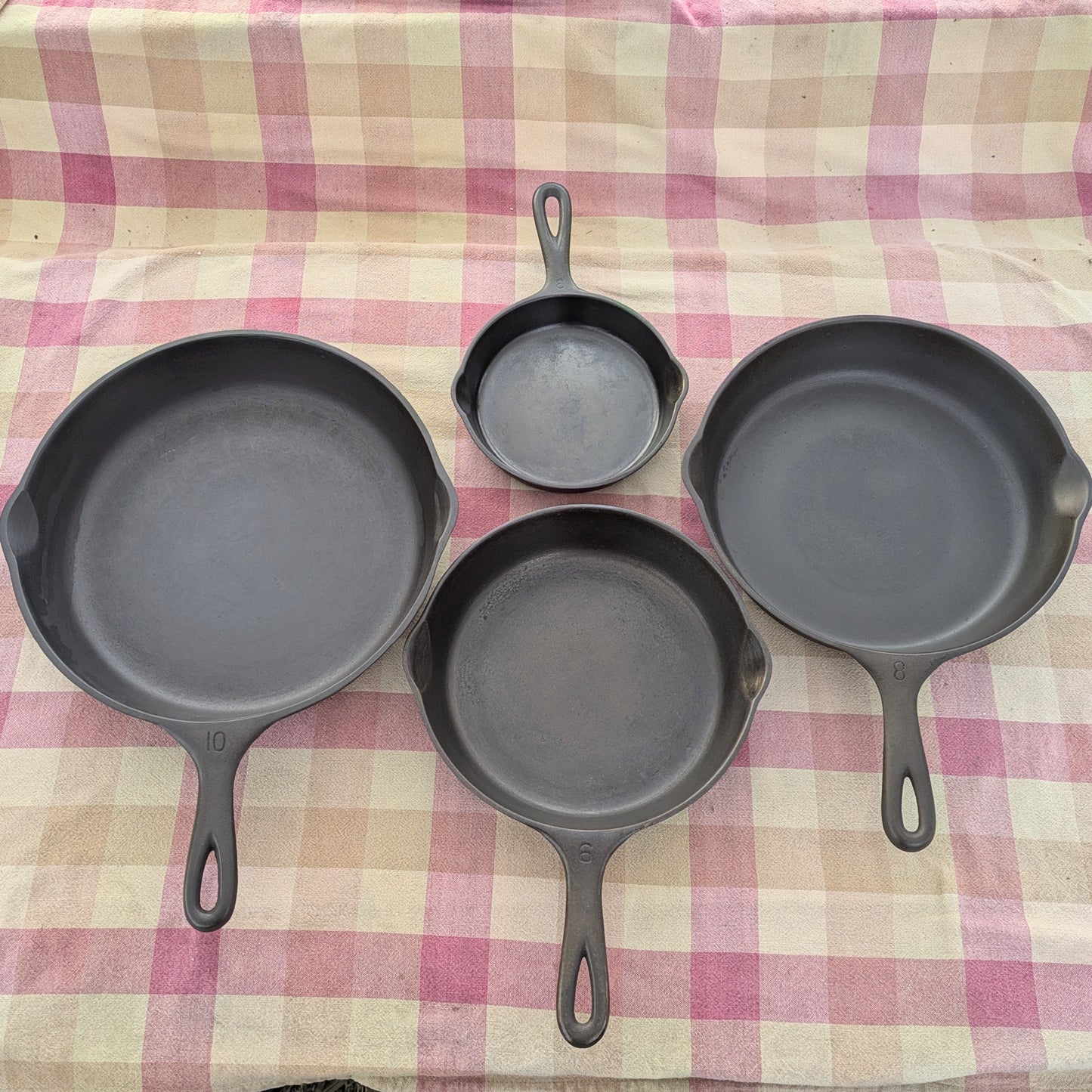 Set of 4 Vintage Wagner Ware Cast Iron Skillets, Sizes #3, 6, 8, & 10
