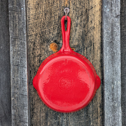 Griswold Flamingo Red and Cream Enamel #5 Cast Iron Skillet with Small Block Logo 724