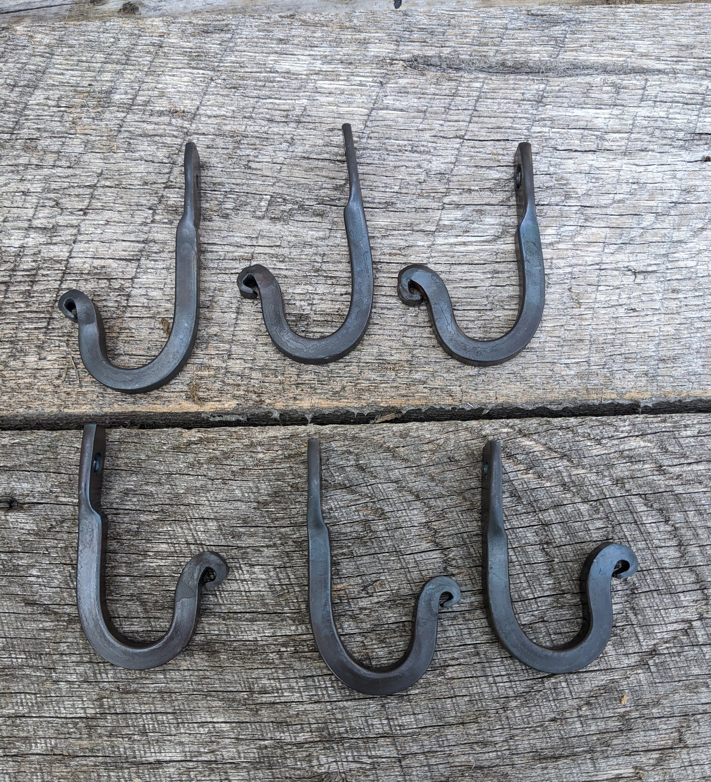 Set of Six Hand Forged Hooks with Scrolled Ends. Vintage/Antique Wrought Iron Look