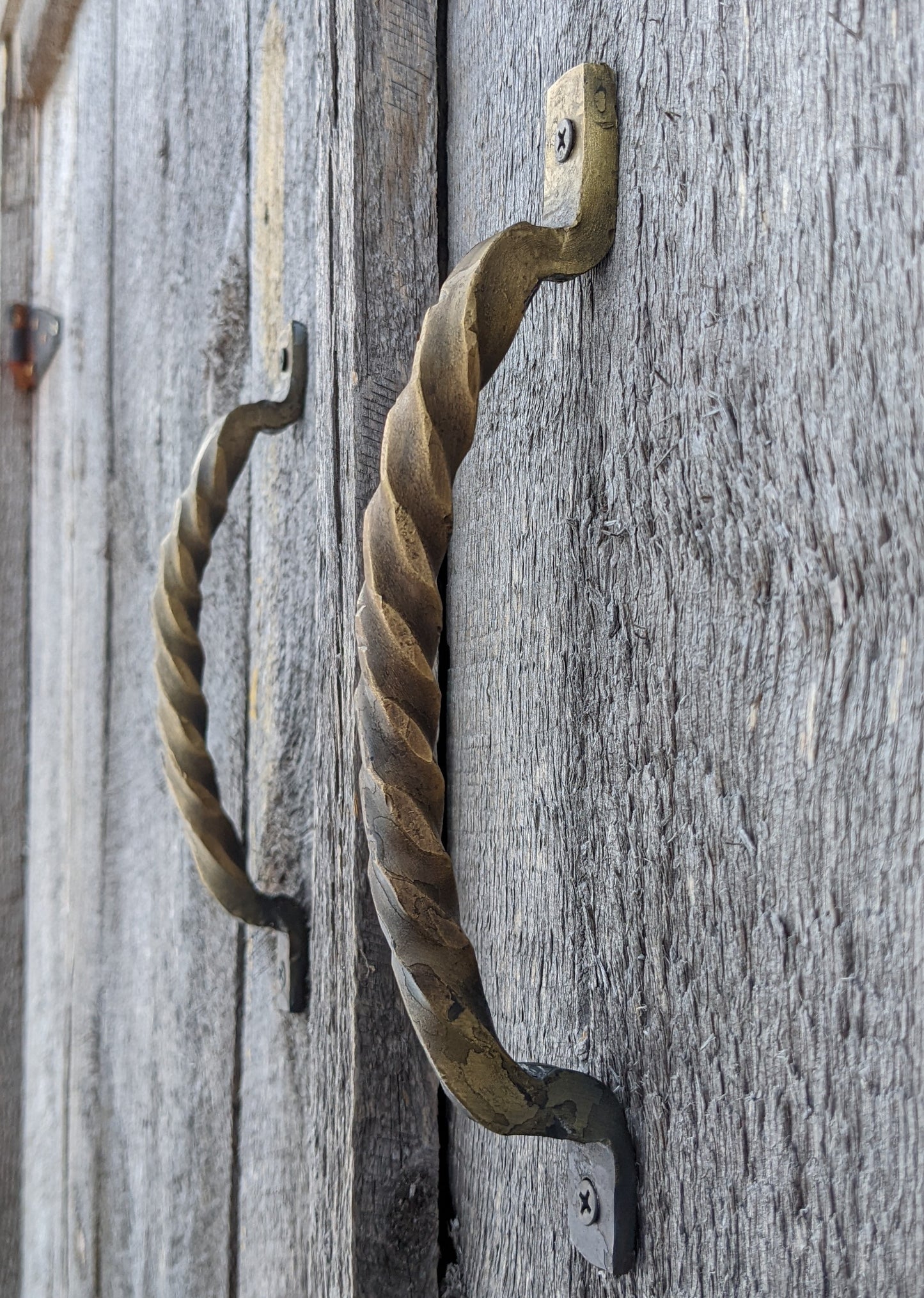 Pair of Curved Twisted Hand Forged Handles with Brass Finish