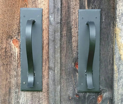 Large Gracefully Curved Blacksmith Made Door Pulls on Sturdy Backplate