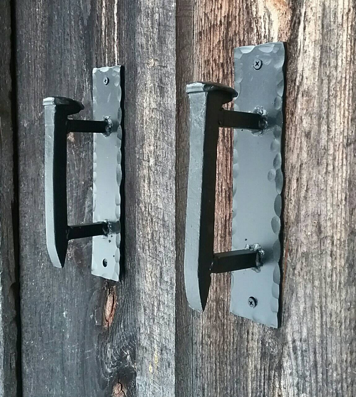 Hand Forged Railroad Spike Door Pulls on Sturdy Backplate