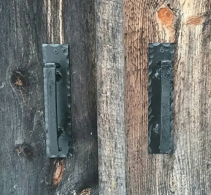 Hand Forged Railroad Spike Door Pulls on Sturdy Backplate