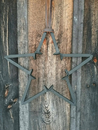 Rustic Repurposed Railroad Spike Barn Star. Three Piece Set Includes Railroad Spike Hook and Amish Harness Leather Strap