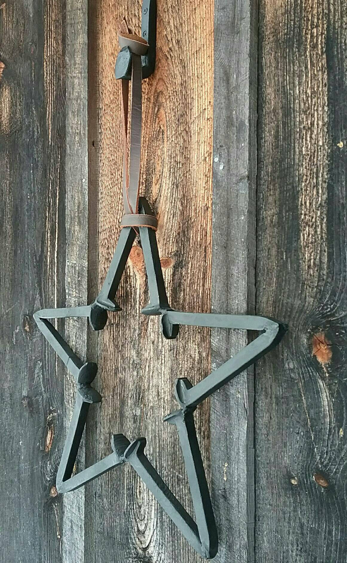 Rustic Repurposed Railroad Spike Barn Star. Three Piece Set Includes Railroad Spike Hook and Amish Harness Leather Strap