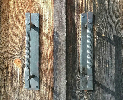 Large Twisted Hand Forged Door Pulls on Sturdy Backplate