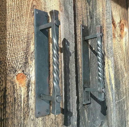 Large Twisted Hand Forged Door Pulls on Sturdy Backplate
