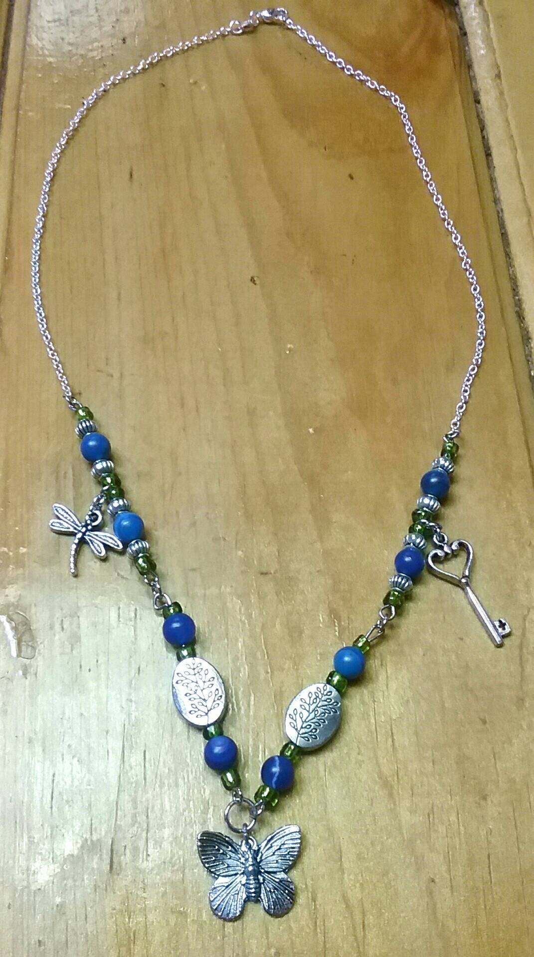 Beautiful Butterfly Beaded Necklace with Silver Plate Chain