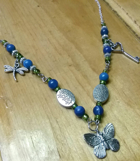 Beautiful Butterfly Beaded Necklace with Silver Plate Chain