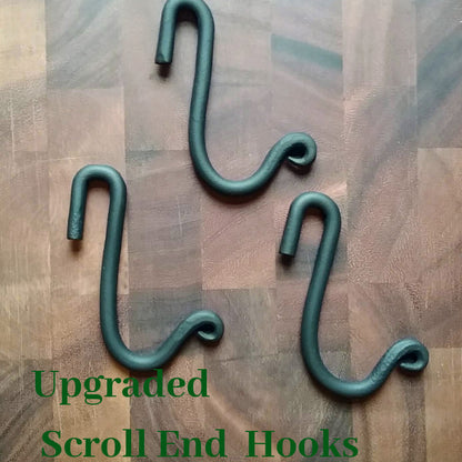 Hook option- upgraded scroll end hooks shown.  Movable/removable hooks have a decorative scroll at the end, still small enough to pass through the end of a cast iron pan.